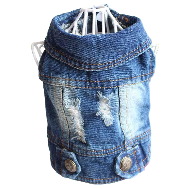 Close-up of washed denim fabric on a stylish dog jacket for small dogs
