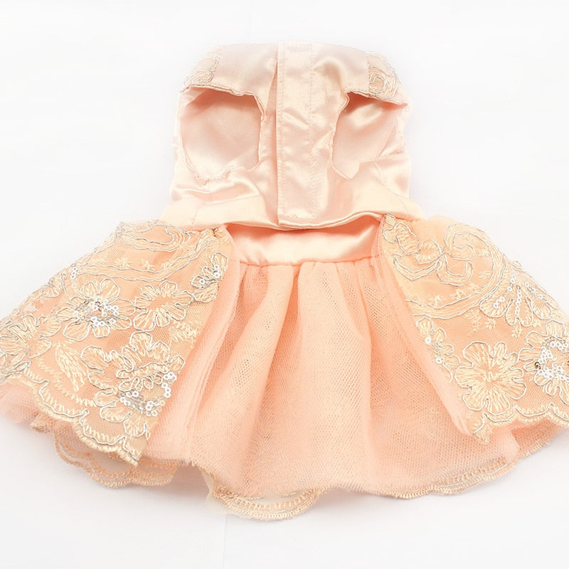Front view of the Paws For Royalty Sequin Lace Dog Wedding Dress, featuring intricate lace, sparkling sequins, and a luxurious princess-style tutu skirt.