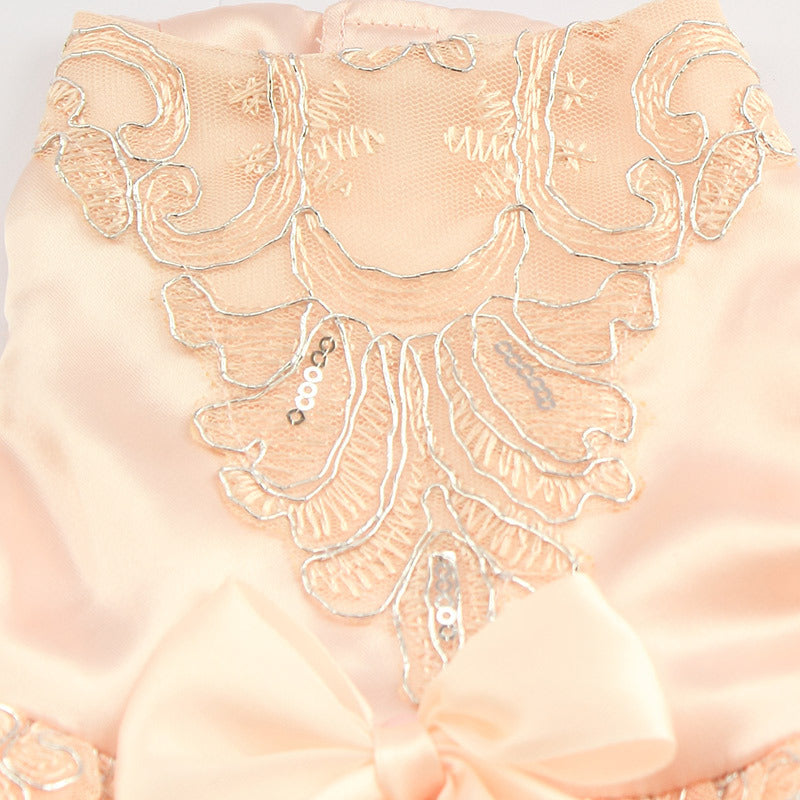 Close-up of the Paws For Royalty Sequin Lace Dog Wedding Dress, showcasing detailed embroidered lace, shimmering sequins, and luxury boutique craftsmanship.