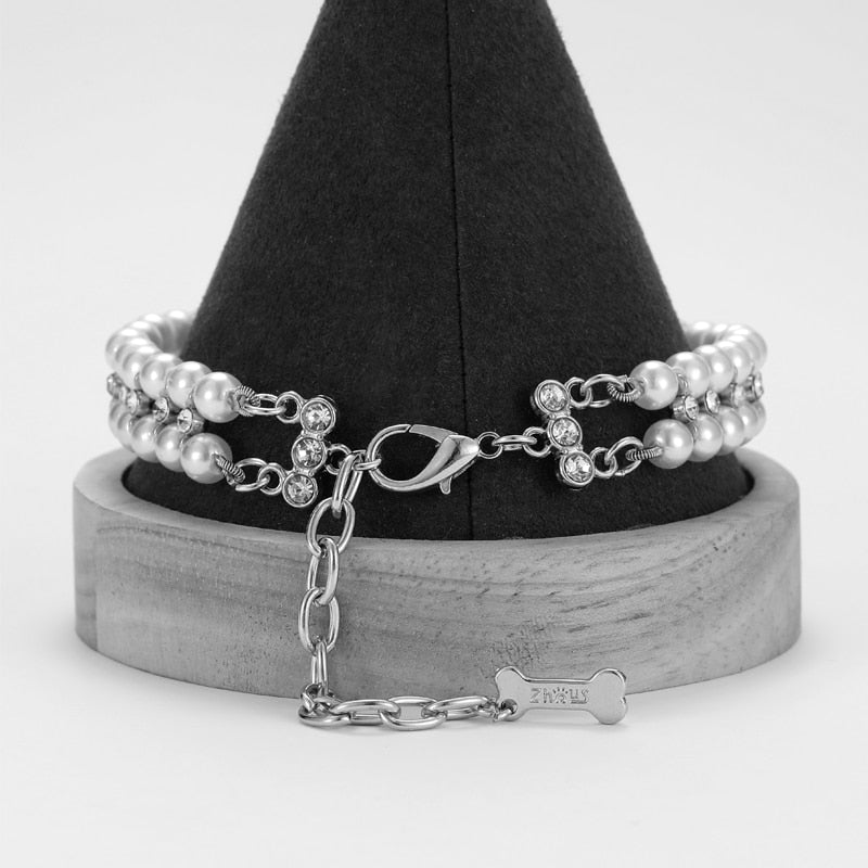 Back view of the Paws For Royalty Diamond Pearl Dog Collar, showcasing the elegant rhinestone and pearl detailing and premium construction.