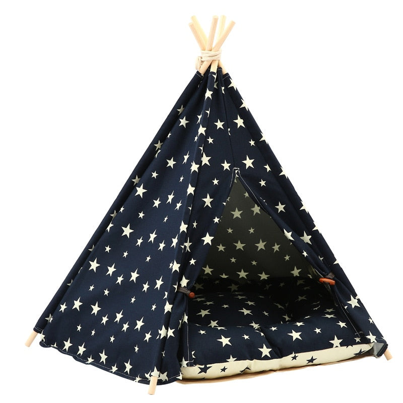 Navy star dog teepee tent bed featuring a cozy private retreat design for small dogs, puppies, and cats