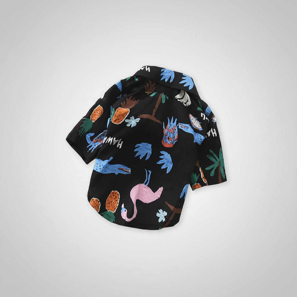 Black cotton dog summer shirt with stylish designer-inspired print for small dogs