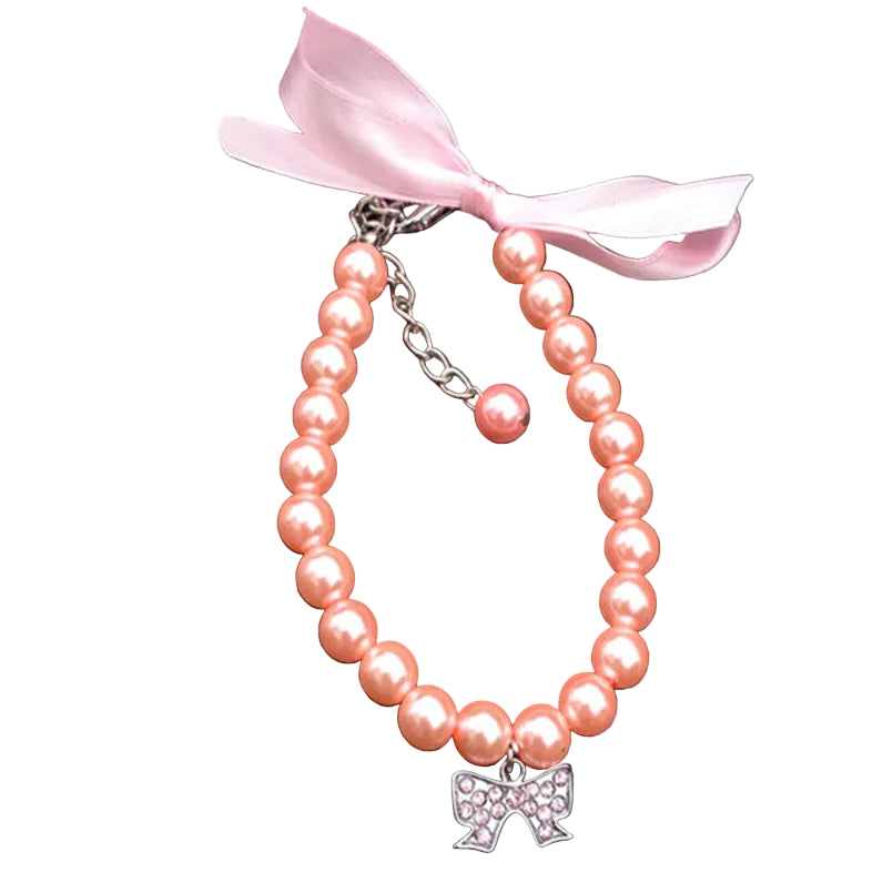 Pink Paws For Royalty Pearl Rhinestone Dog Collar featuring elegant pearl accents and sparkling crystal rhinestones, a lightweight luxury collar for small dogs and cats.
