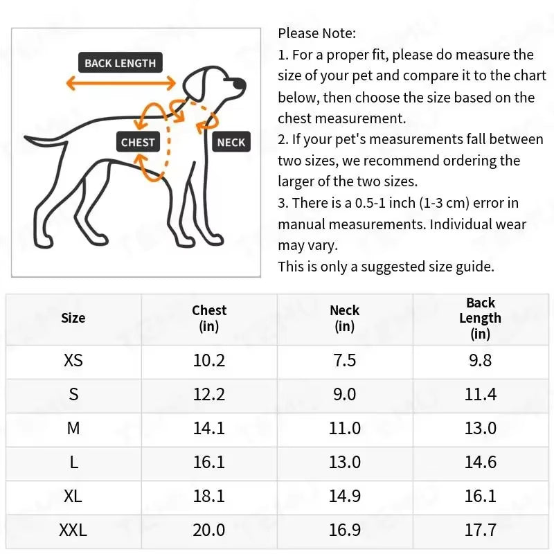 Paws For Royalty dog wedding suit size guide showing measurements for small dog breeds including Chihuahuas, Yorkies, Pomeranians, and Shih Tzus