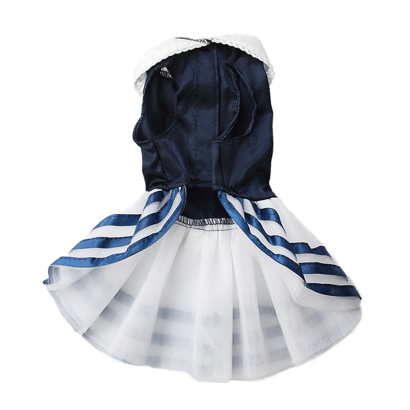 Paws For Royalty Dog Sailor Dress displayed in full, featuring classic sailor stripes, a princess-inspired silhouette, and an elegant lace tutu skirt.