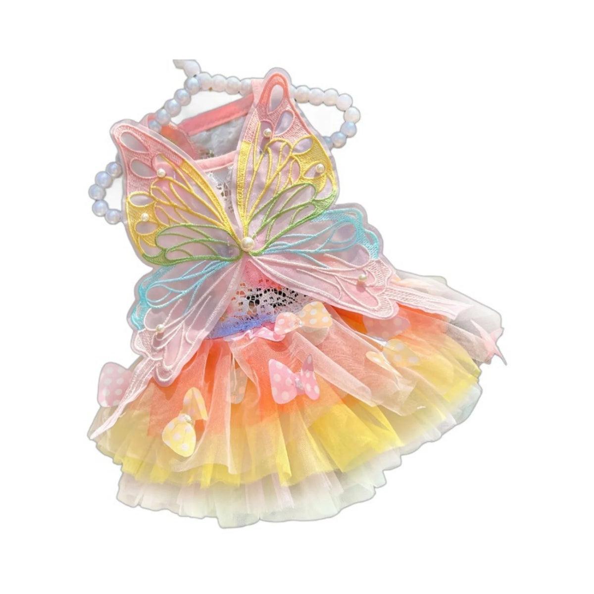 Close-up of the Paws for Royalty butterfly dog costume showcasing rainbow butterfly wings and premium tulle fabric