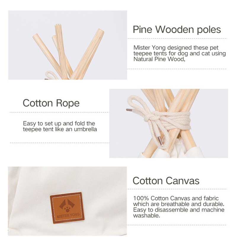 Close-up of the wooden support poles on the Paws For Royalty dog teepee tent bed, featuring sturdy construction for small pets