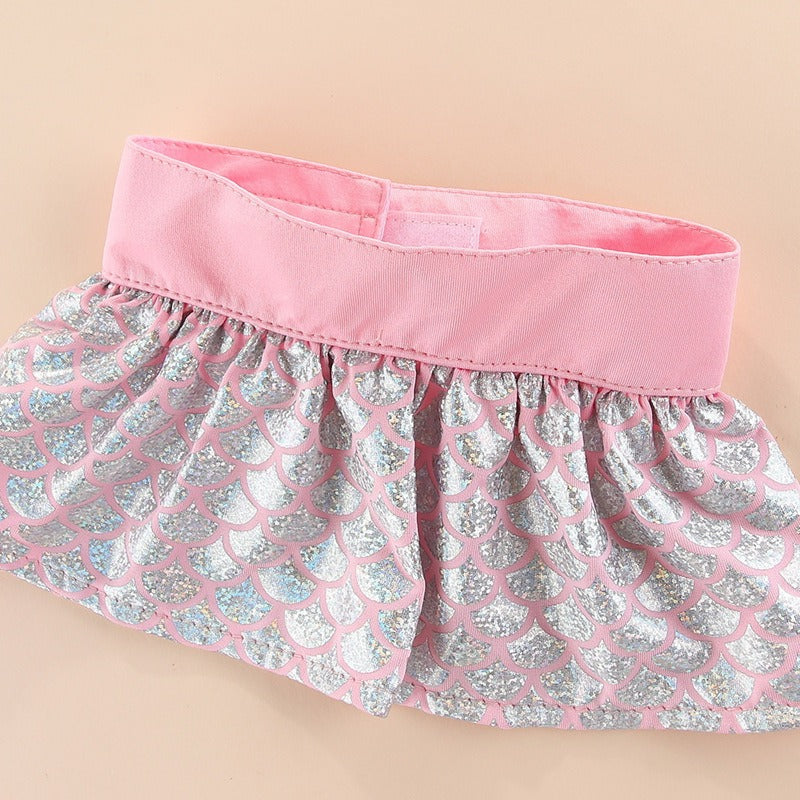 Pink dog bikini swimsuit skirt design and charming bow detail for beach vacations and pool parties