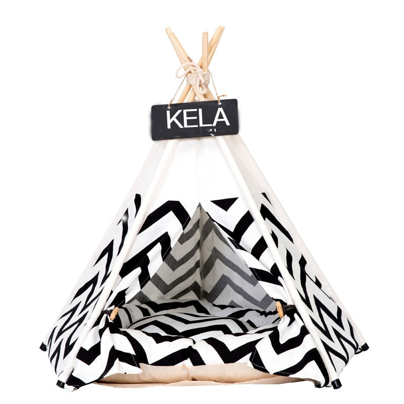 Black stripe dog teepee tent bed featuring a stylish indoor pet tent design for small dogs and cats