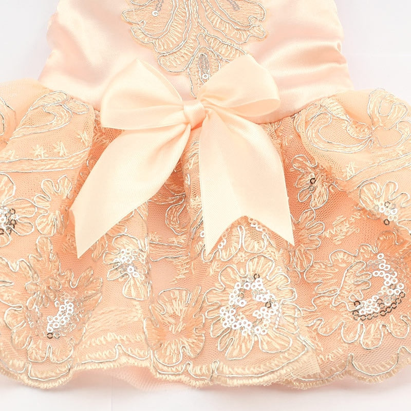 Paws For Royalty Sequin Lace Dog Wedding Dress showcasing the elegant decorative ribbon, sparkling sequins, embroidered lace, and layered tutu skirt.
