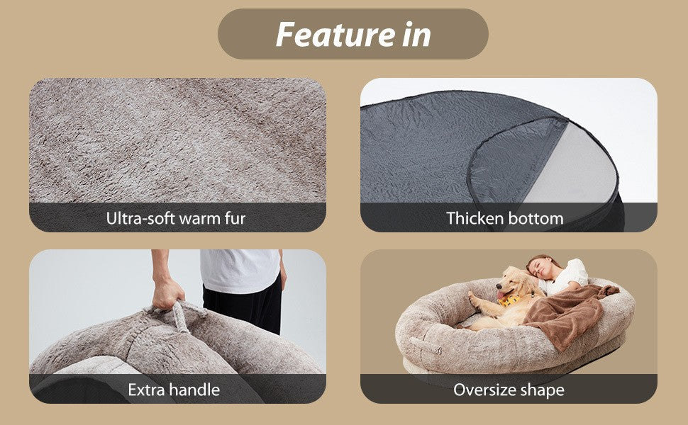 Paws For Royalty luxury human dog bed showcasing its oversized design, plush cushioning, and spacious surface for pets and owners
