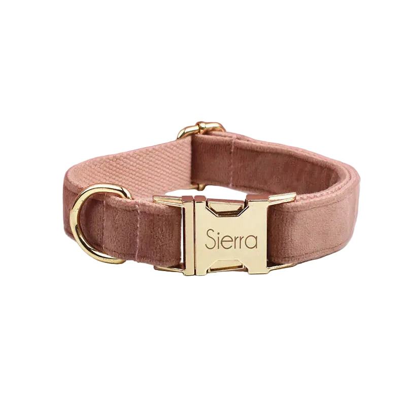 Salmon velvet personalized dog collar designed with a soft finish and adjustable fit for small dogs