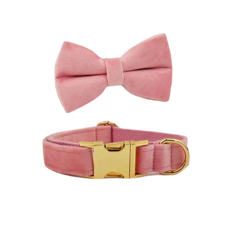 Baby pink personalized velvet dog collar and bow tie set for stylish small dogs