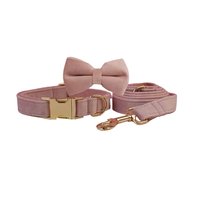 Baby pink personalized velvet dog collar and bow tie set featuring luxury boutique pet accessories