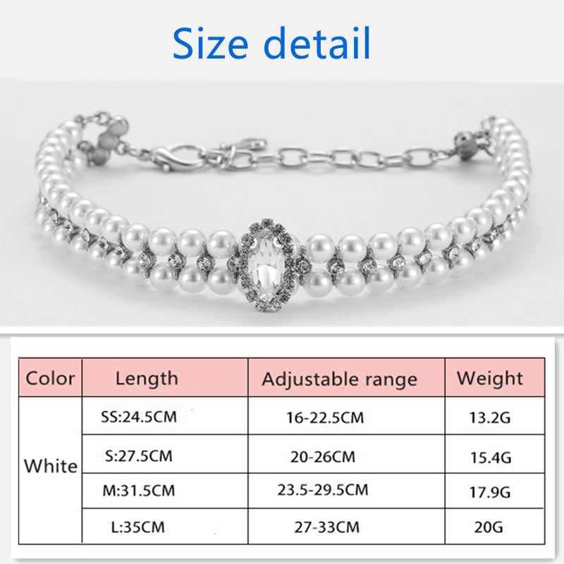 Paws For Royalty Diamond Pearl Dog Collar size guide showing adjustable sizing information for toy and small dogs and cats.