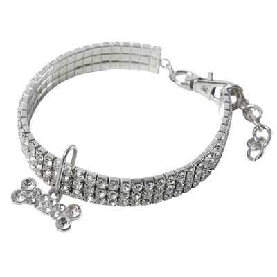 Rhinestone collar with crystal pendant charm for small dogs and cats, featuring sparkling rhinestones and a bone-shaped charm.