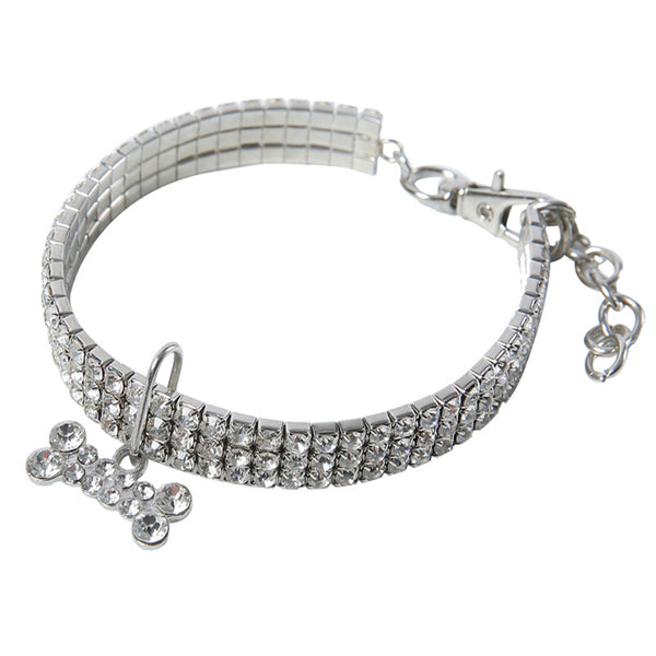 Rhinestone collar with crystal pendant charm for small dogs and cats, featuring sparkling rhinestones and a bone-shaped charm.