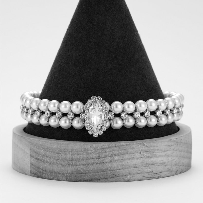 Front view of the Paws For Royalty Diamond Pearl Dog Collar, showcasing its elegant diamond-inspired rhinestones and pearl design for luxury pet fashion.