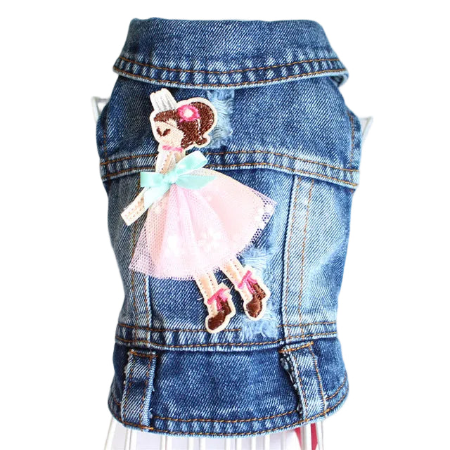 Close-up of embroidered fairy patch on a fashionable denim dog jacket for small dogs