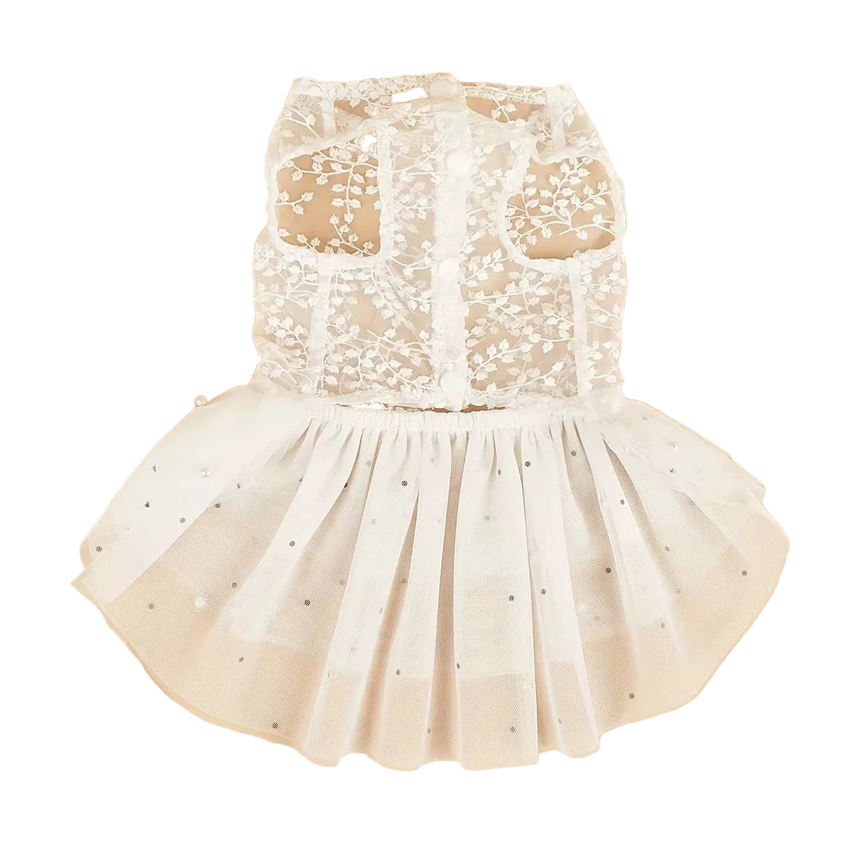 Paws For Royalty luxury white dog wedding dress 
featuring a polished formal design and lightweight mesh fabric for small dogs
