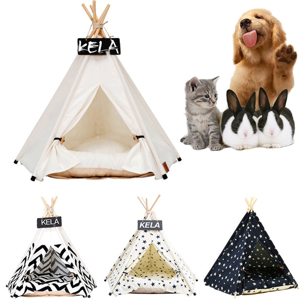 Paws For Royalty dog teepee tent bed available in white, black stripe, beige star, and navy star designs for small dogs and cats