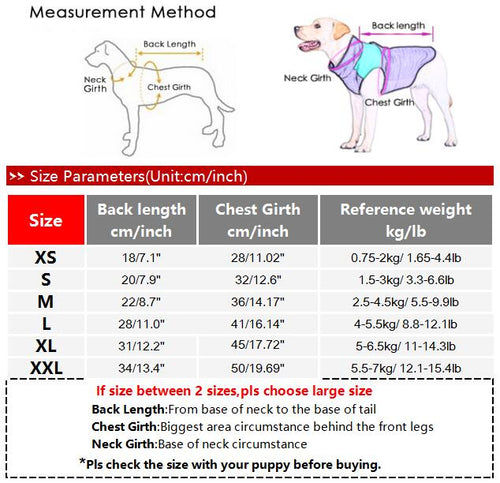 Size guide for Paws For Royalty embroidered denim dog jacket for small dogs