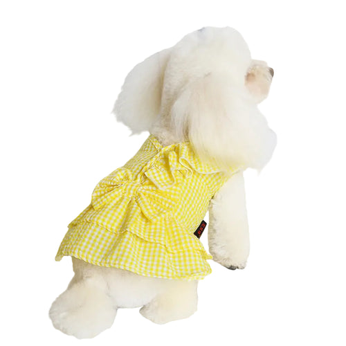 Small dog wearing a yellow bow princess dress for stylish everyday wear and special occasions