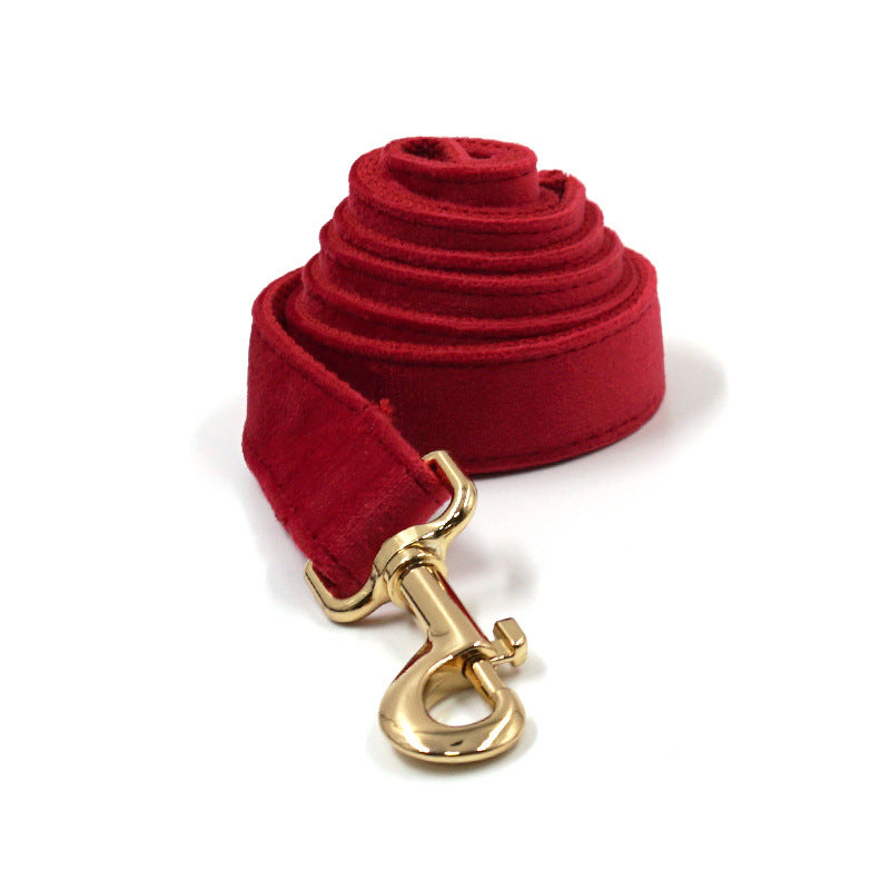 Matching red velvet dog leash with premium gold-tone hardware for small dogs