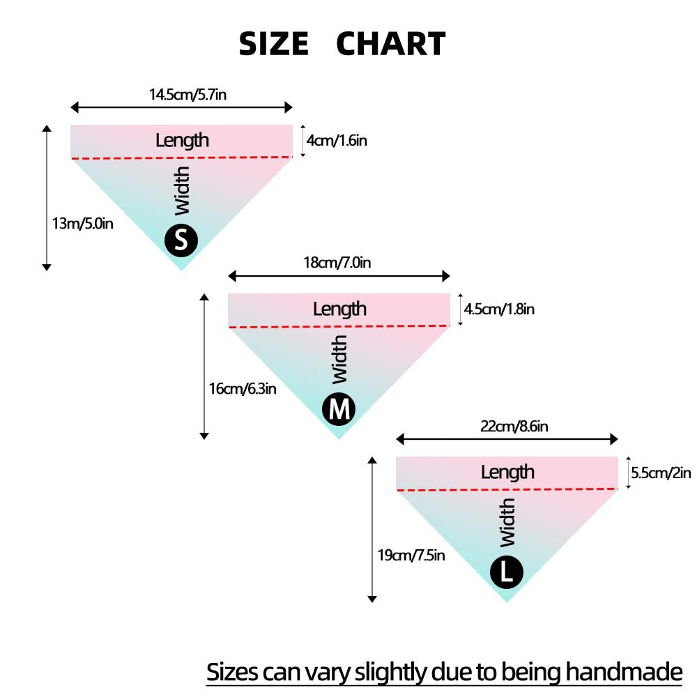 Paws For Royalty designer dog bandana size chart showing measurements for a comfortable fit on small dogs and pets
