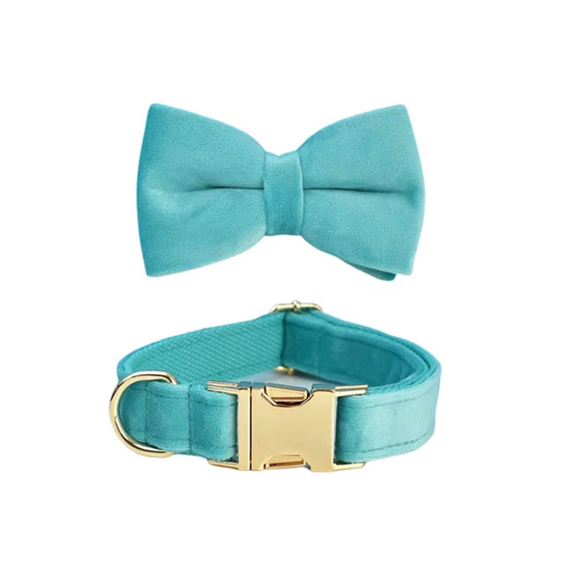 Turquoise velvet set featuring a stylish collar and matching bow tie for dogs, perfect for a fashionable pet look.