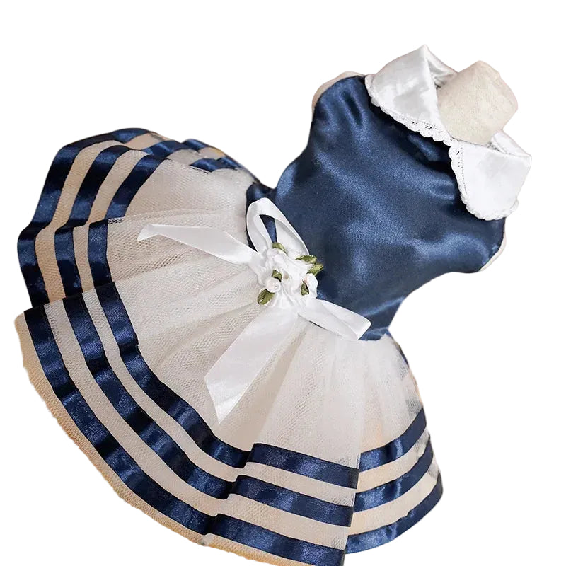 Boutique polka dot dog dress with a flowing princess-style skirt for small dogs