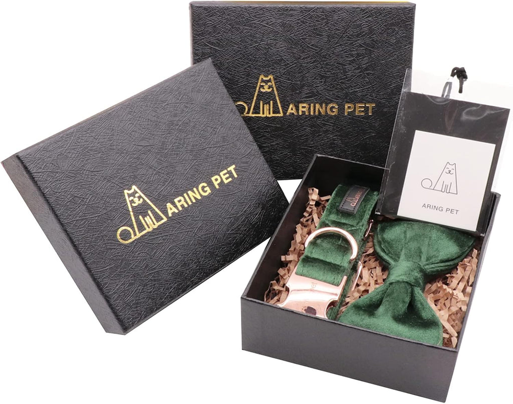 Paws For Royalty emerald green velvet dog collar presented in an elegant gift box, making it a stylish gift for pet owners and their royal companions