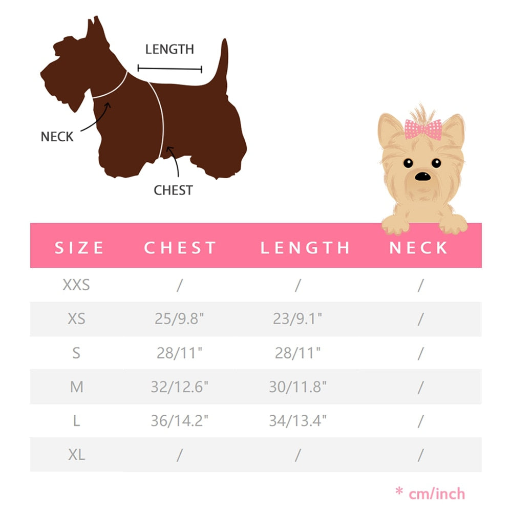 Paws For Royalty Dog Sailor Dress size guide showing measurements for the sailor-inspired dog tutu dress designed for toy and small breeds.