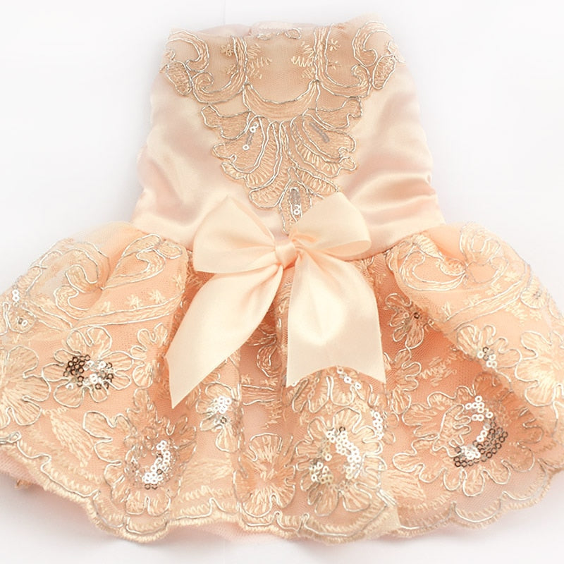 Back view of the Paws For Royalty Sequin Lace Dog Wedding Dress, showcasing the full layered tutu skirt and elegant princess silhouette.
