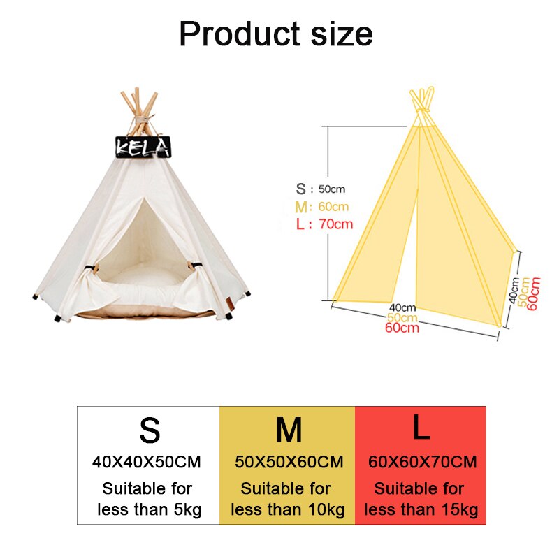 Paws For Royalty dog teepee tent bed size guide showing measurements for small dogs, puppies, kittens, and cats