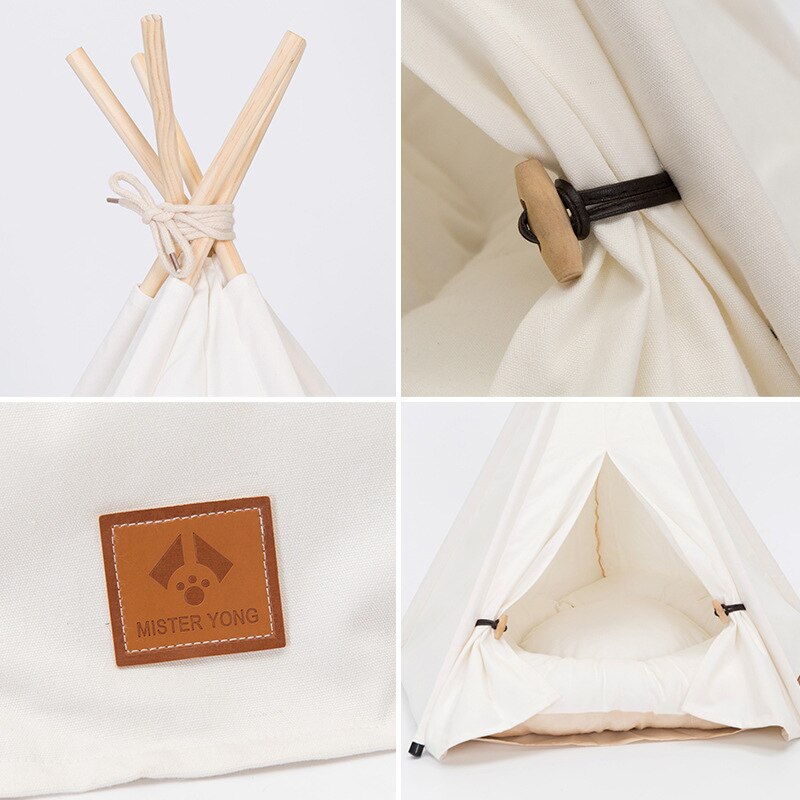Close-up view of the Paws For Royalty dog teepee tent bed showcasing the durable fabric and detailed construction