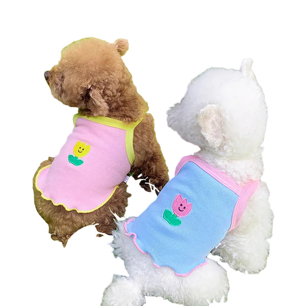 Two small dogs wearing pink and blue Paws For Royalty lightweight summer dresses for warm-weather outings