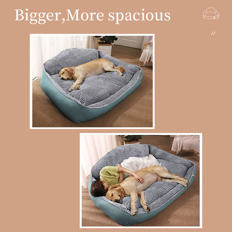Dog relaxing with its owner on the Paws For Royalty luxury orthopedic dog bed designed for everyday comfort and joint support