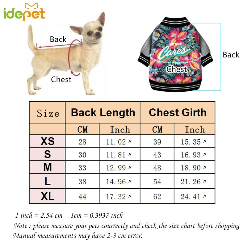 Paws For Royalty dog winter coat size guide showing measurements for small dog breeds including Chihuahuas, Yorkies, and Pomeranians