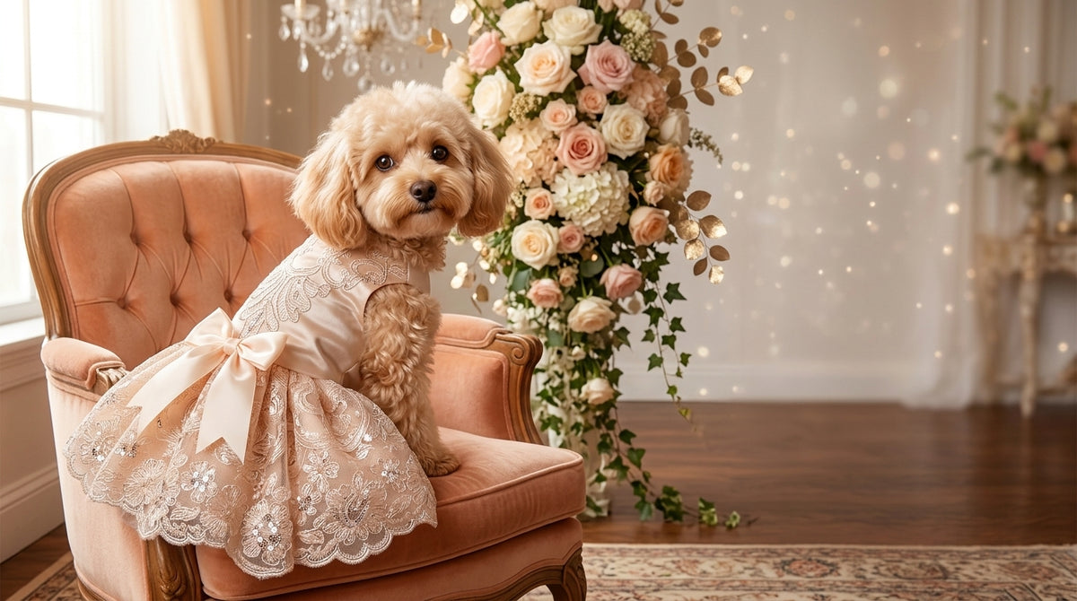 A small fluffy dog wearing a cream lace dress sits on a tufted blush pink armchair in a decorated room with a large floral arrangement and warm ambient lighting.