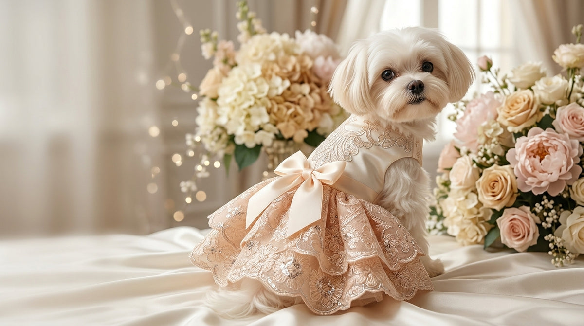 A small white dog wearing a cream and beige lace dress with a large bow, sitting on a white satin surface surrounded by soft pink and cream floral arrangements.