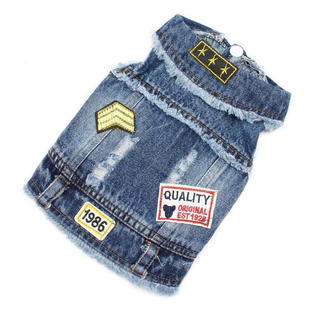 Small dog denim jacket with a unique embroidered patch design for fashionable pets