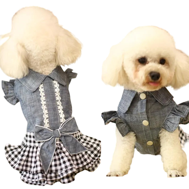 Small dog wearing a black and white grid dog denim dress in front and back views, showcasing the boutique-inspired princess-style design