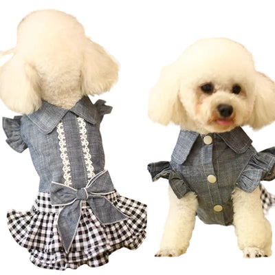 Small dog wearing a black and white grid dog denim dress in front and back views, showcasing the boutique-inspired princess-style design
