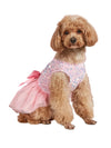 Small dog wearing a pink princess sequin dog dress with a layered tulle skirt for birthdays, weddings, and special occasions