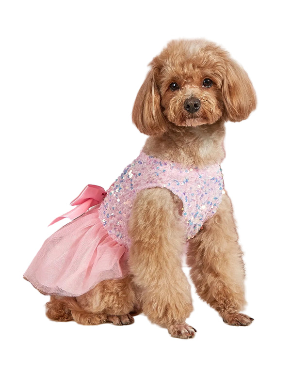Small dog wearing a pink princess sequin dog dress with a layered tulle skirt for birthdays, weddings, and special occasions