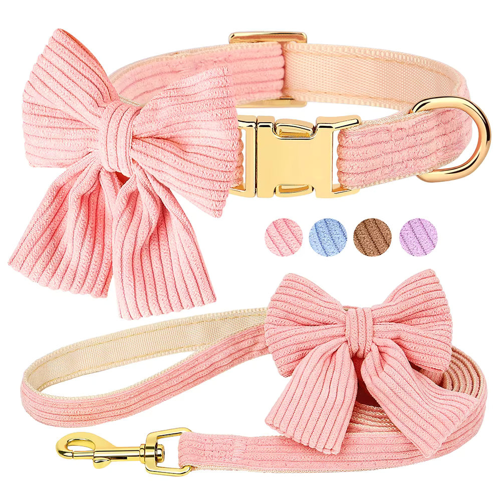 Pink bow tie dog collar and matching leash set with an elegant boutique-inspired design for small dogs and cats