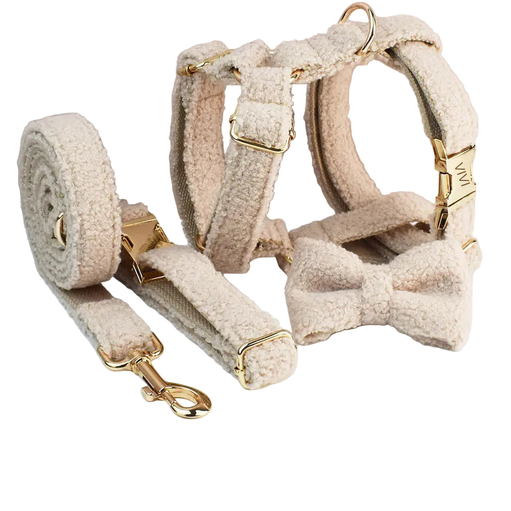 Close-up of teddy velvet set with engraved nameplate