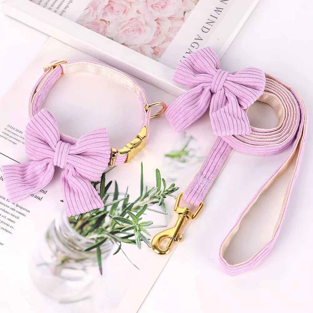 Purple bow tie dog collar and matching leash set featuring a removable bow tie and premium hardware for small dogs
