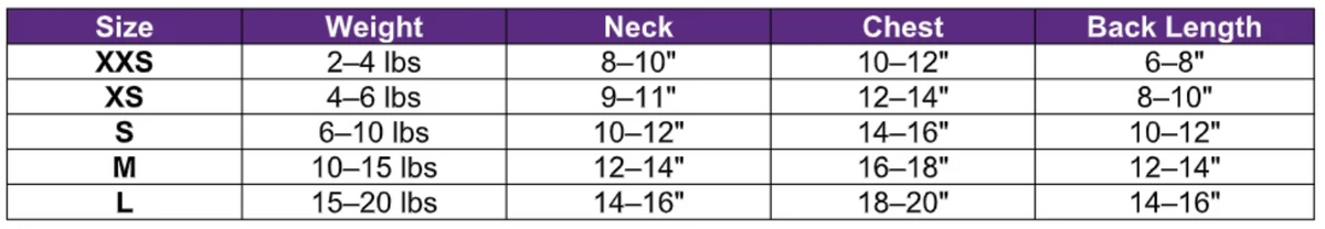 A size chart table showing sizes XXS through L with corresponding weight, neck, chest, and back length measurements.